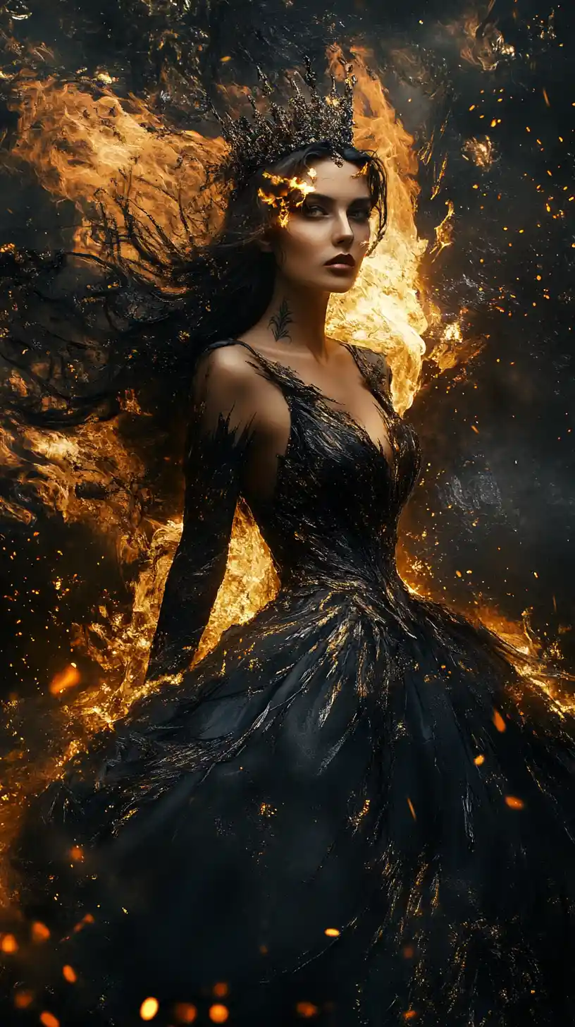 Dark fantasy queen in shattered glass and gold gown