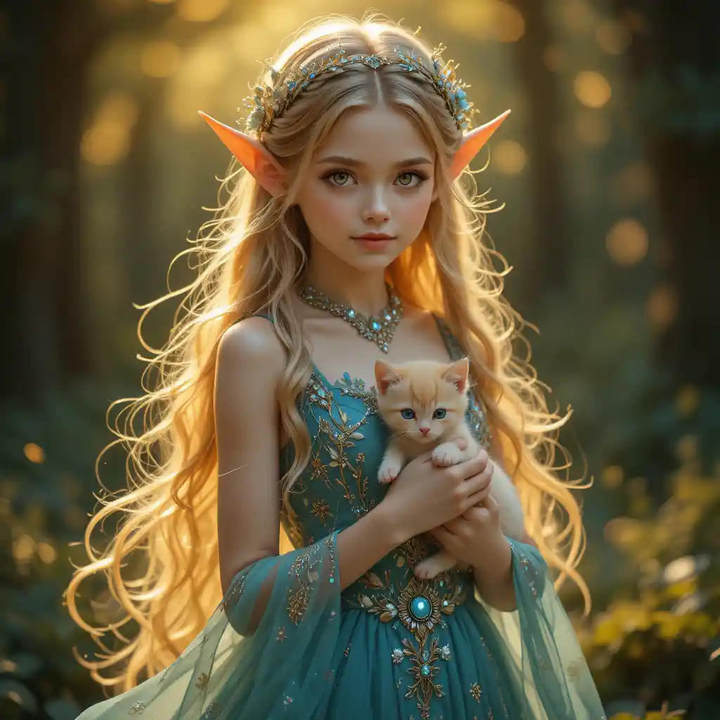 Golden haired elf girl holding a kitten in glowing light