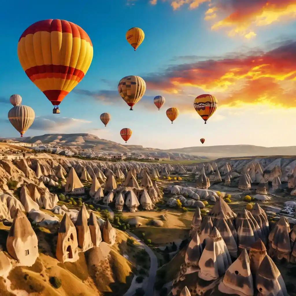 Colorful hot air balloons at sunrise over rocky valleys