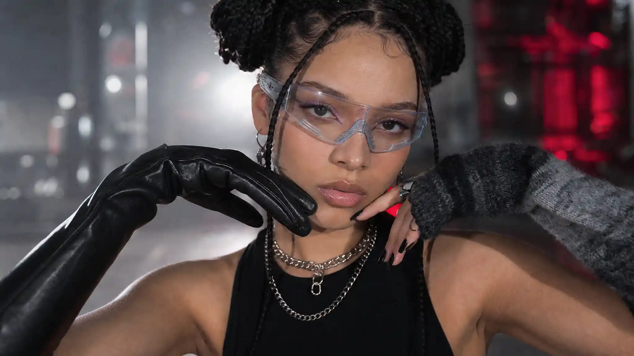 Confident woman with futuristic eyewear in close up portrait