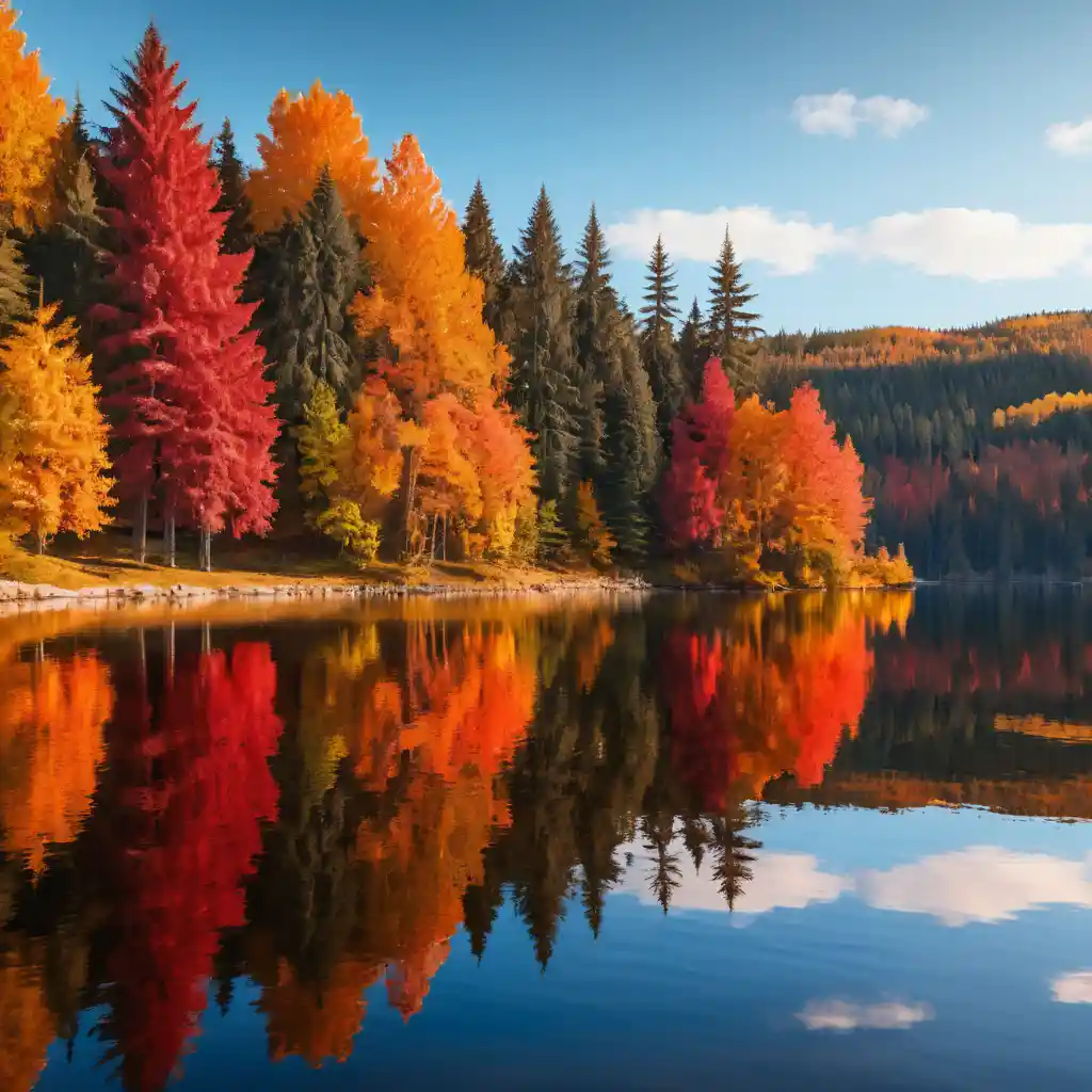 Autumn forest and lake with warm sunlight reflections