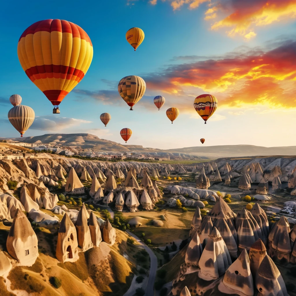 Colorful hot air balloons at sunrise over rocky valleys