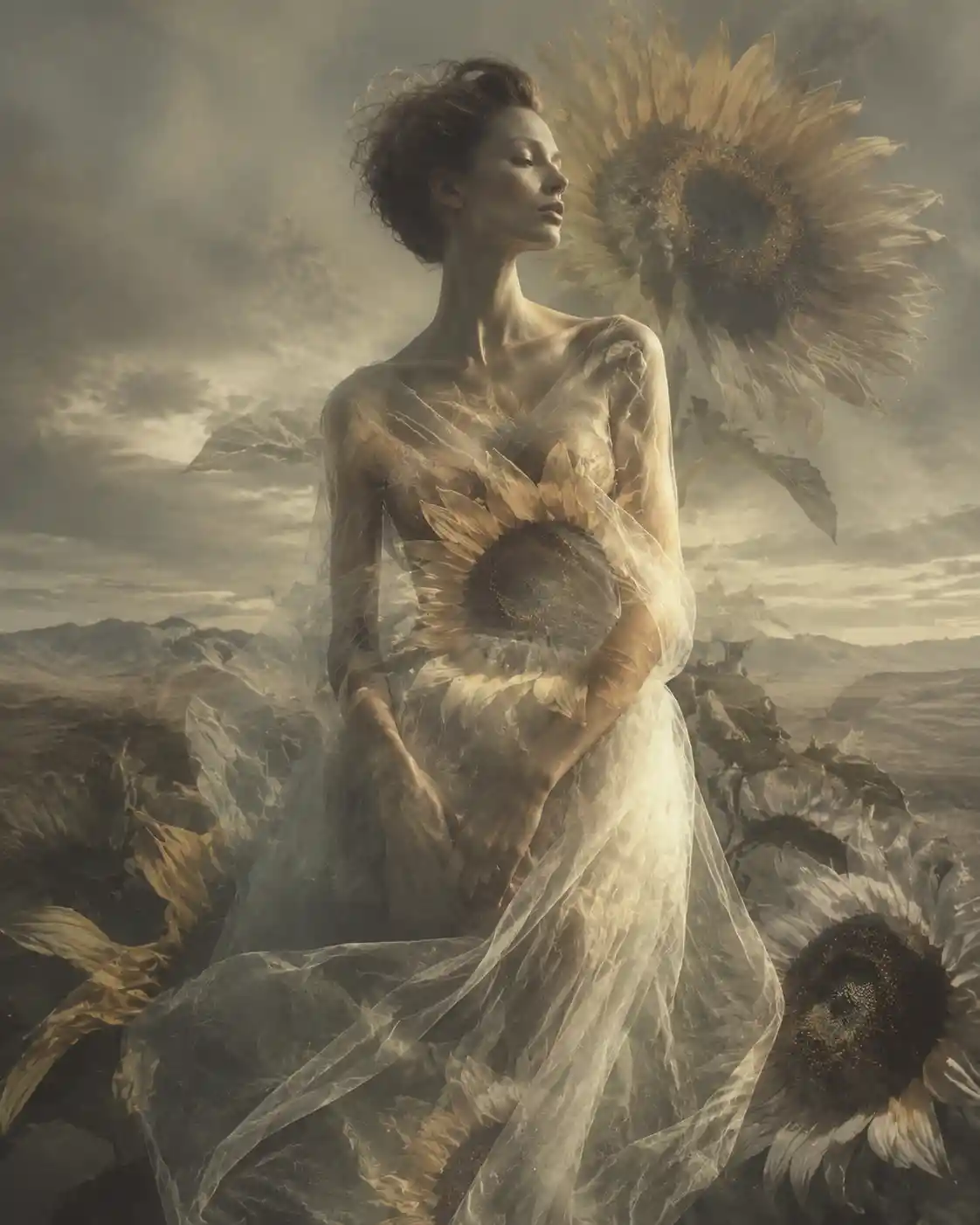 Ethereal fashion woman merged with towering sunflowers