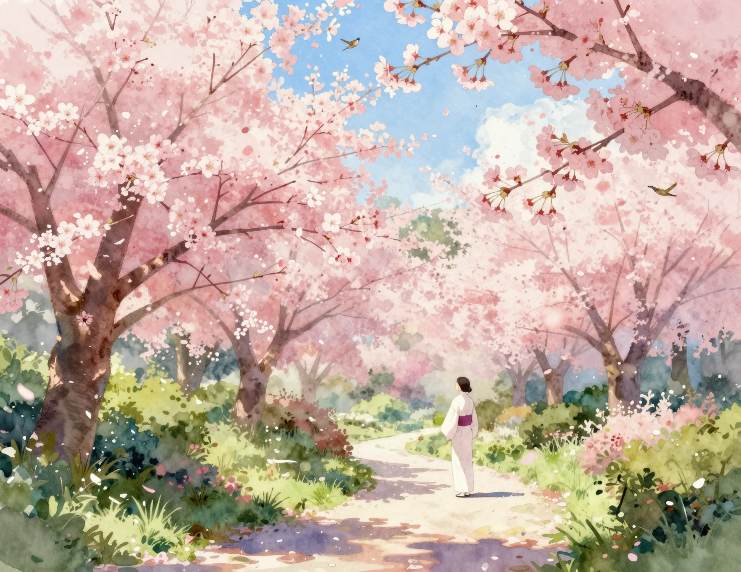 Spring garden path beneath blooming cherry trees