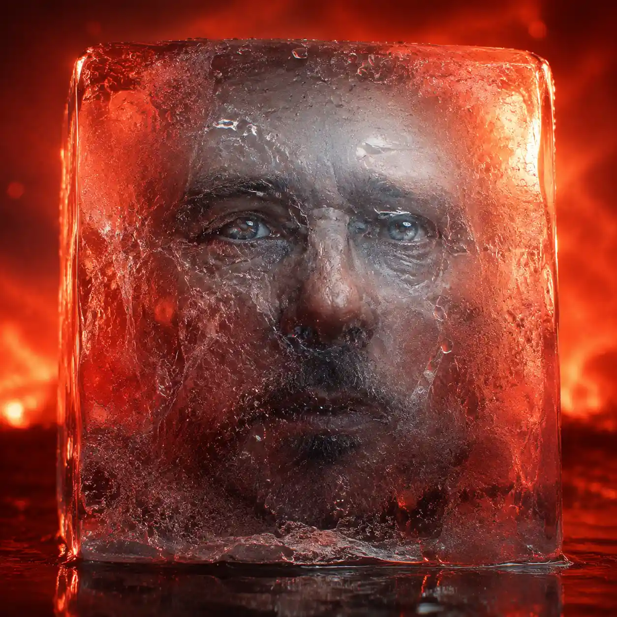 Man frozen in ice cube under burning red sky