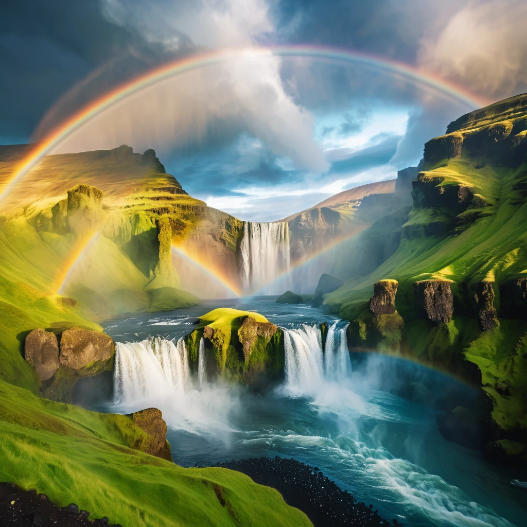 Massive Iceland waterfall with rainbow and green mountain cliffs