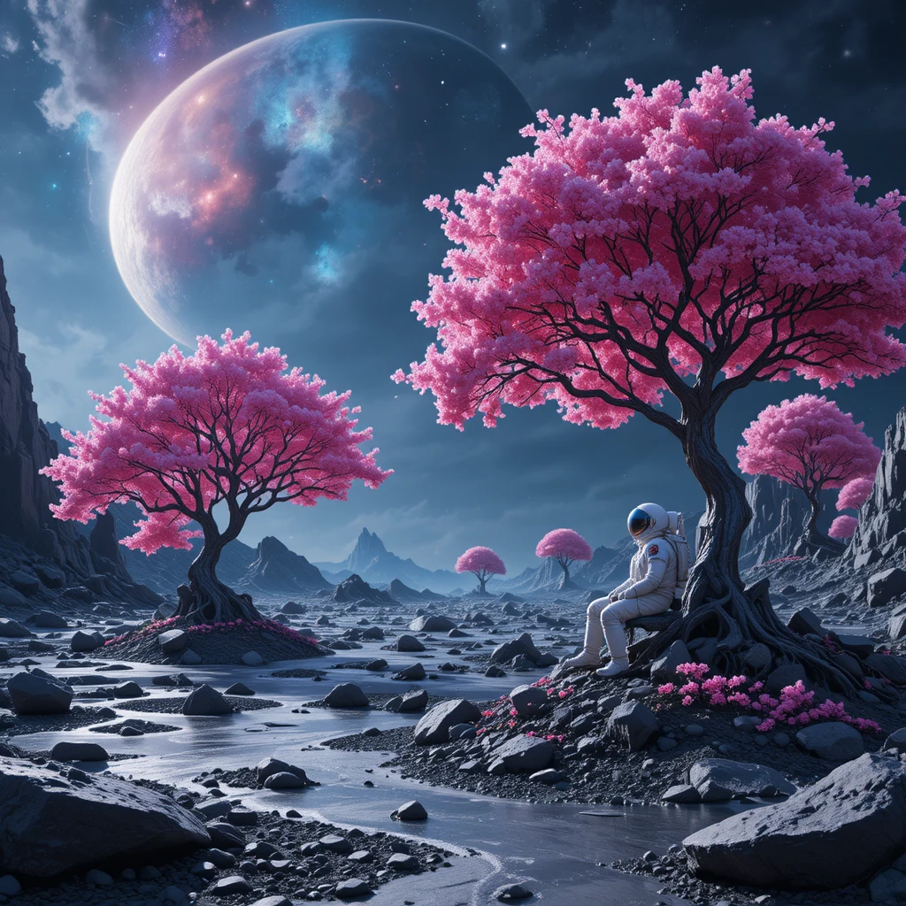 Astronaut On Alien Ice World Under Neon Cosmic Nebula