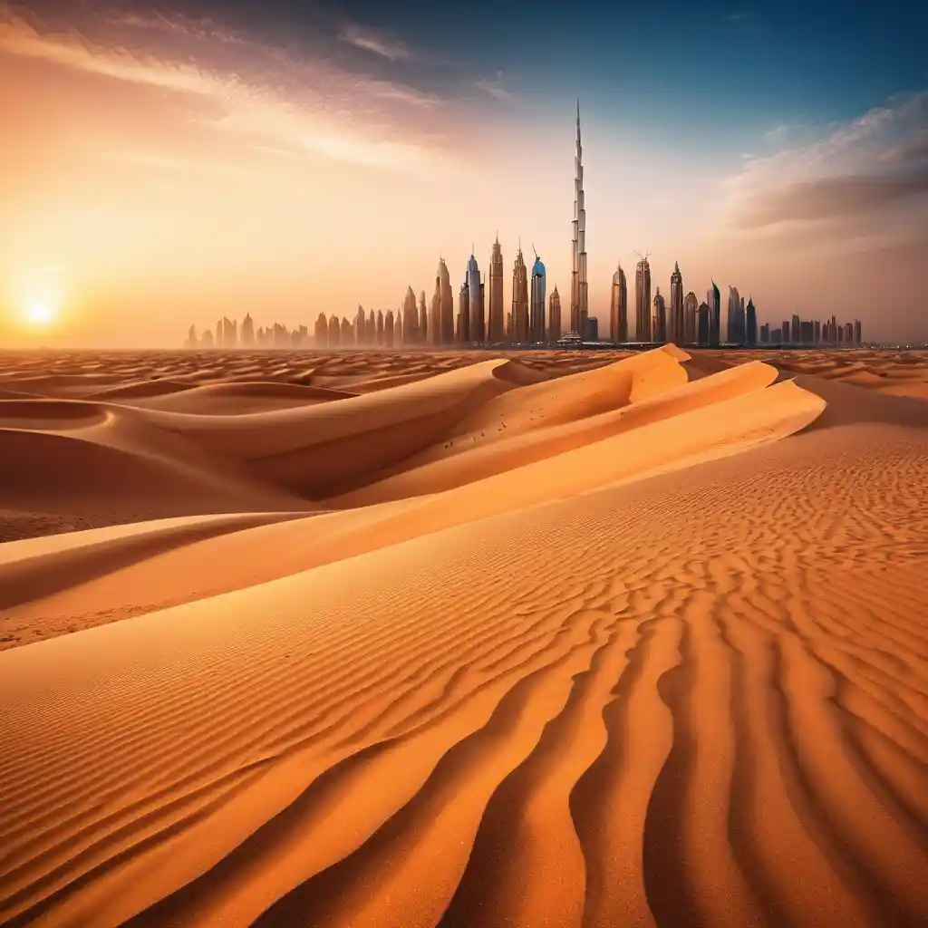 Dubai desert dunes with glowing city skyline at sunset