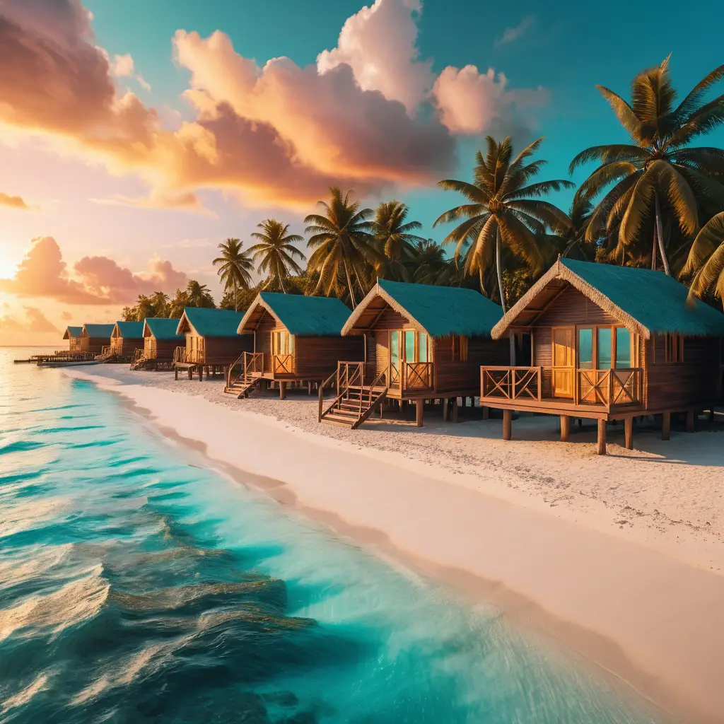 Tropische Malediven-Bungalows über türkisblauem Ozean bei Sonnenuntergang
