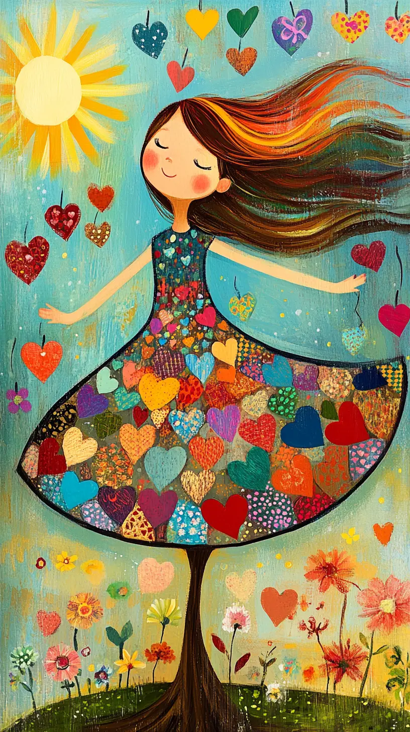 Allegra ragazza in arte folk che tiene il suo vestito coperto di cuori