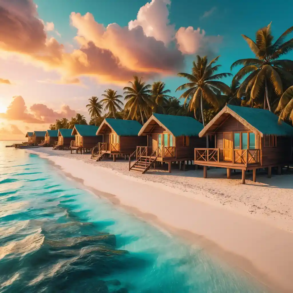 Tropical Maldives bungalows over turquoise ocean at sunset