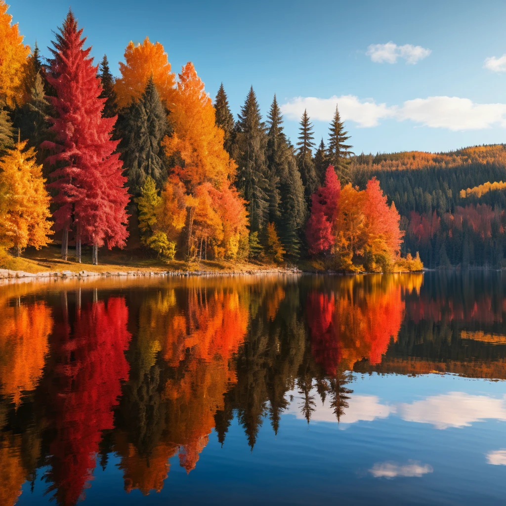 Autumn forest and lake with warm sunlight reflections