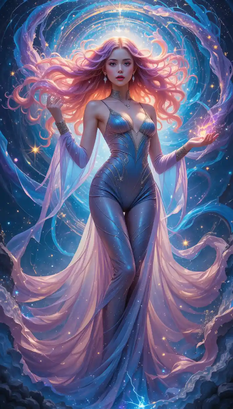 Cosmic sorceress casting starlit magic in swirling galaxy