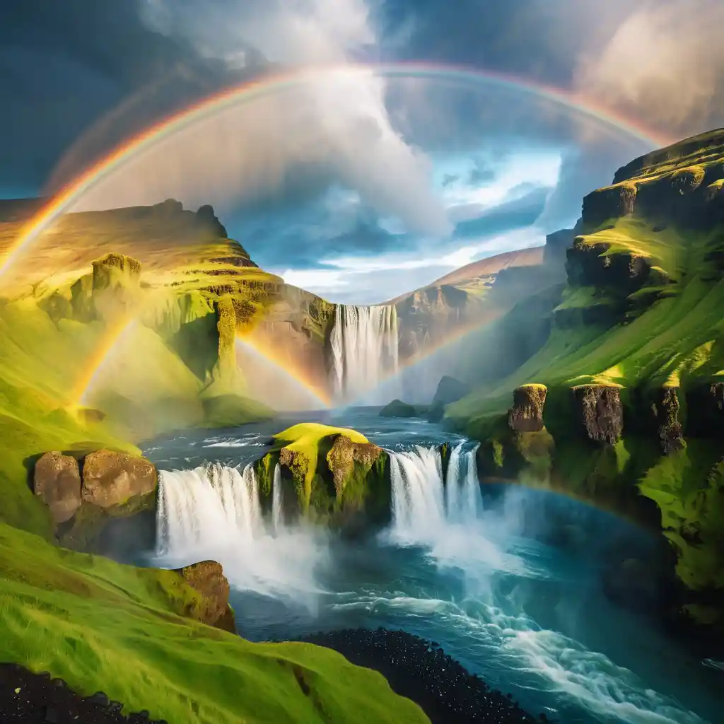 Massive Iceland waterfall with rainbow and green mountain cliffs