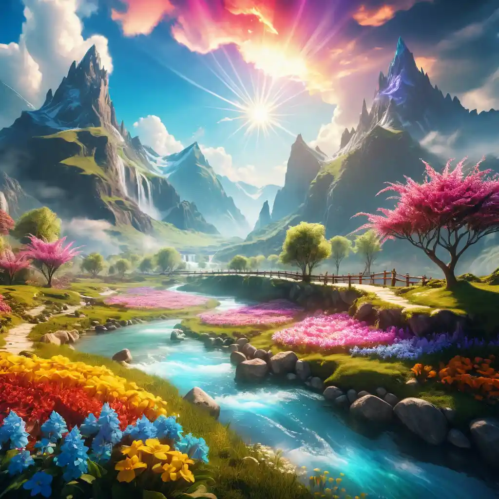 Dreamy fantasy valley with glowing river and flowers