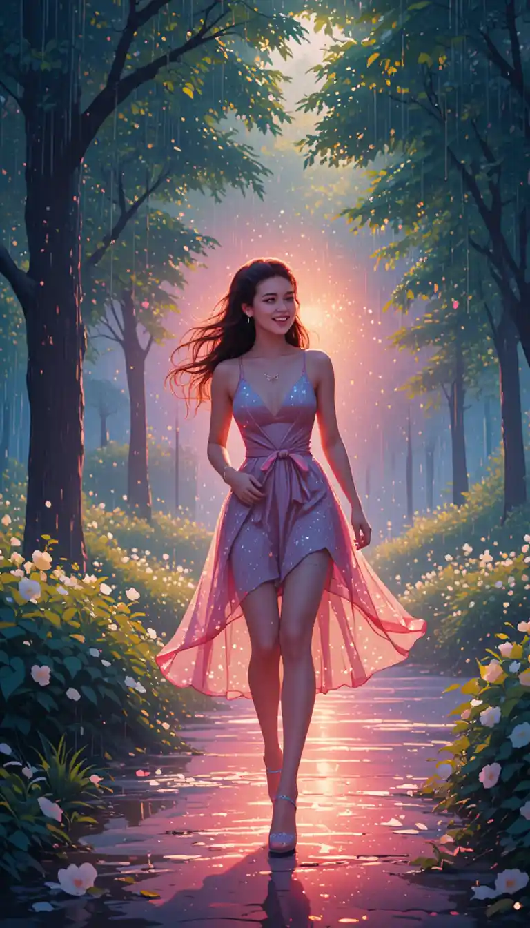 Joyful woman walking through a rainy summer city park