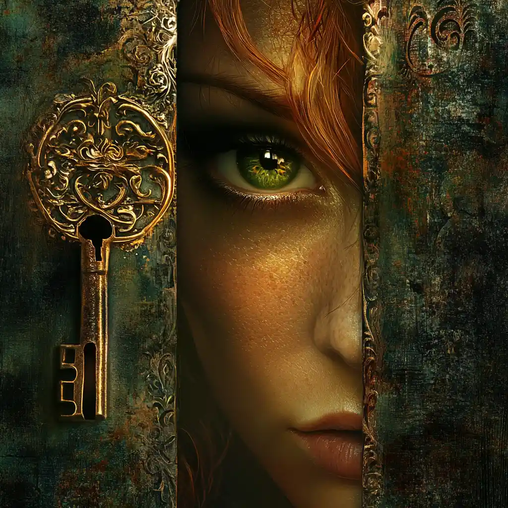Glowing keyhole light touching a woman with golden skin