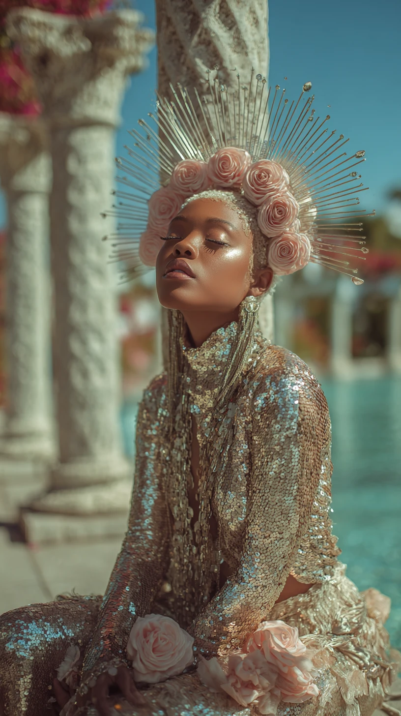 Surreal fashion woman by a palm springs style pool temple
