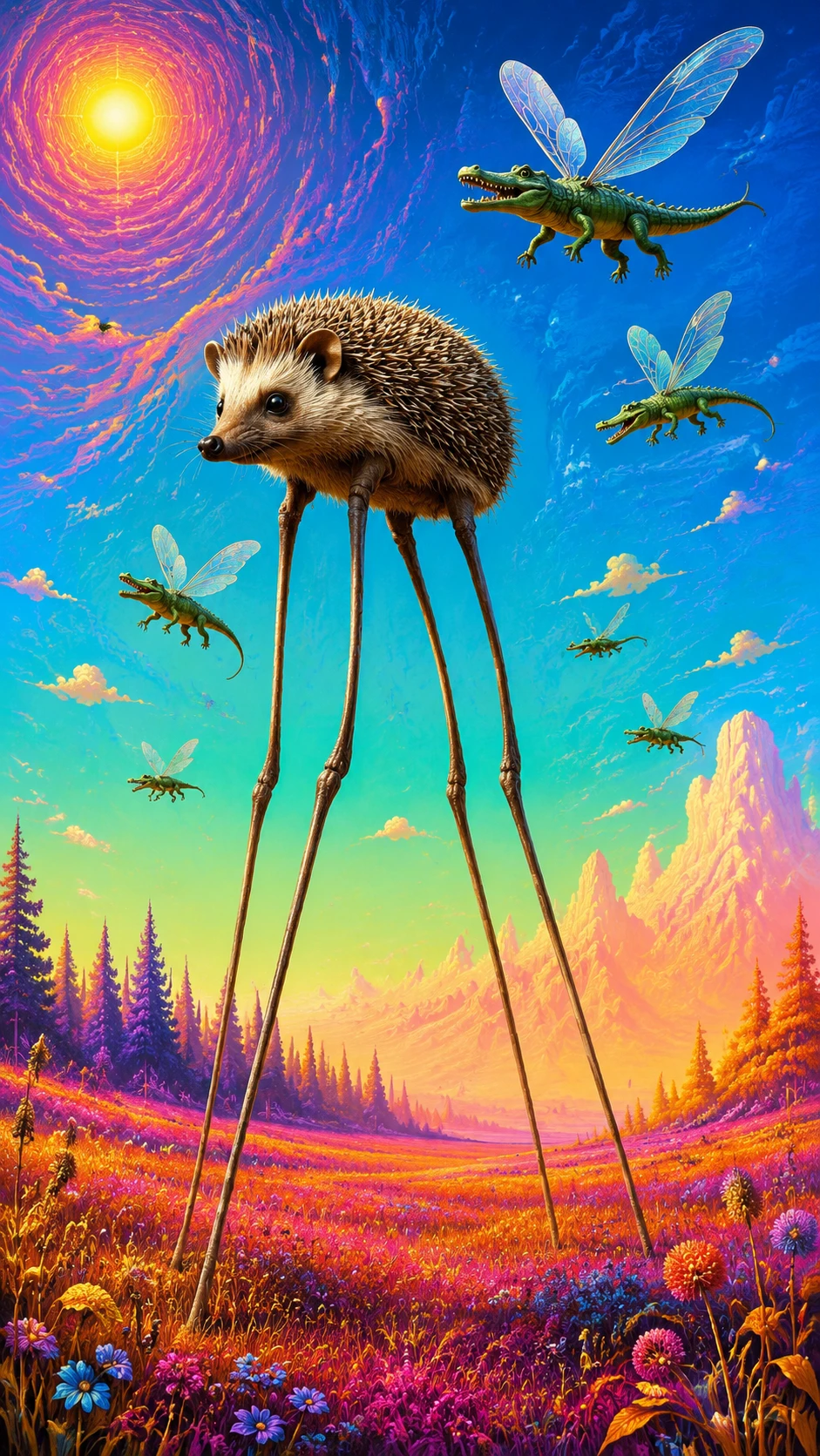 Surrealer Igel mit langen Beinen, der durch eine leuchtende Wiese läuft
