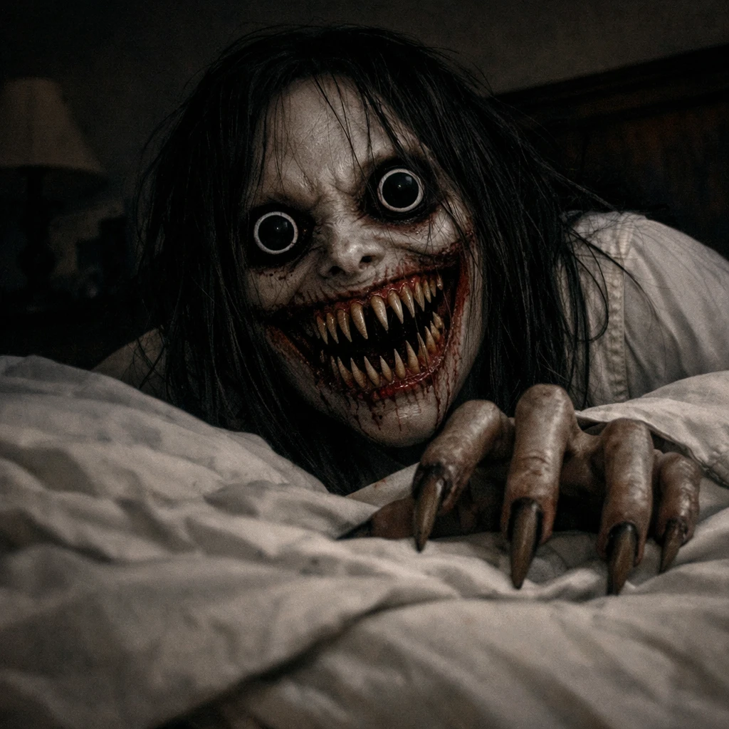 Terrifying monster emerging from bed in dark bedroom