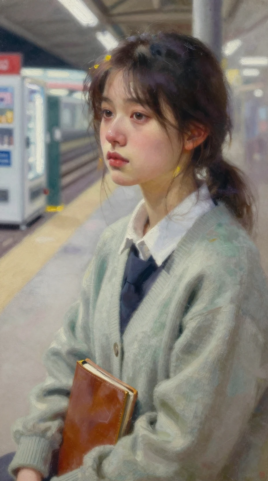 Retrato de joven junto a una máquina expendedora en la estación