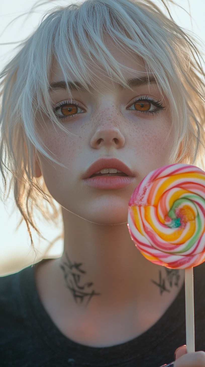 Chica emo en primer plano con piruleta y luz cálida y suave
