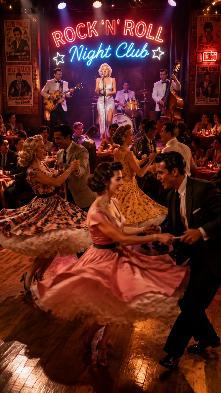 Lively 1950s rock and roll couples dancing in a hall