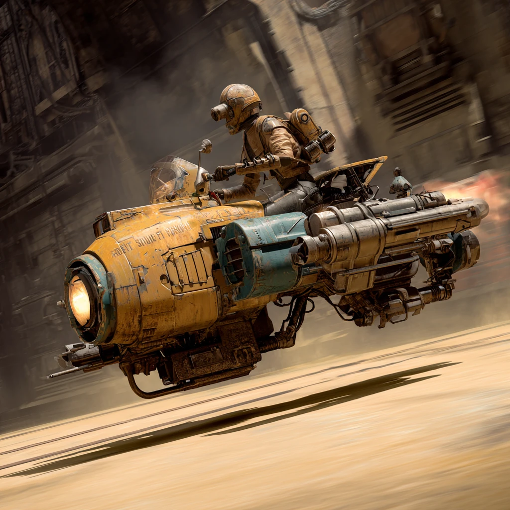 Futuristic cargo hover speeder racing through sci fi city streets