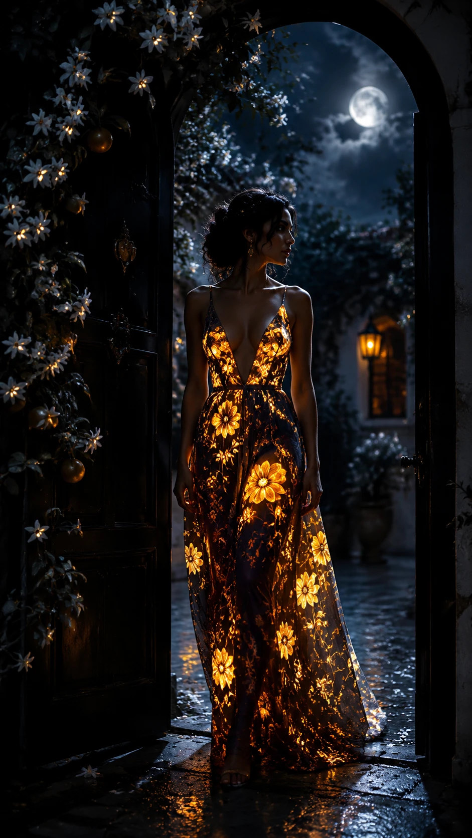 Woman stepping from shadowed doorway into moonlit courtyard