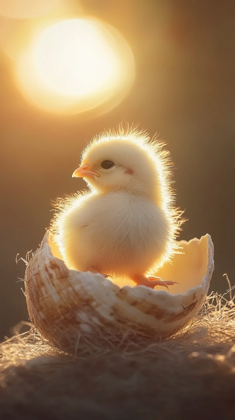 Fluffy baby chick emerging from an egg at sunrise