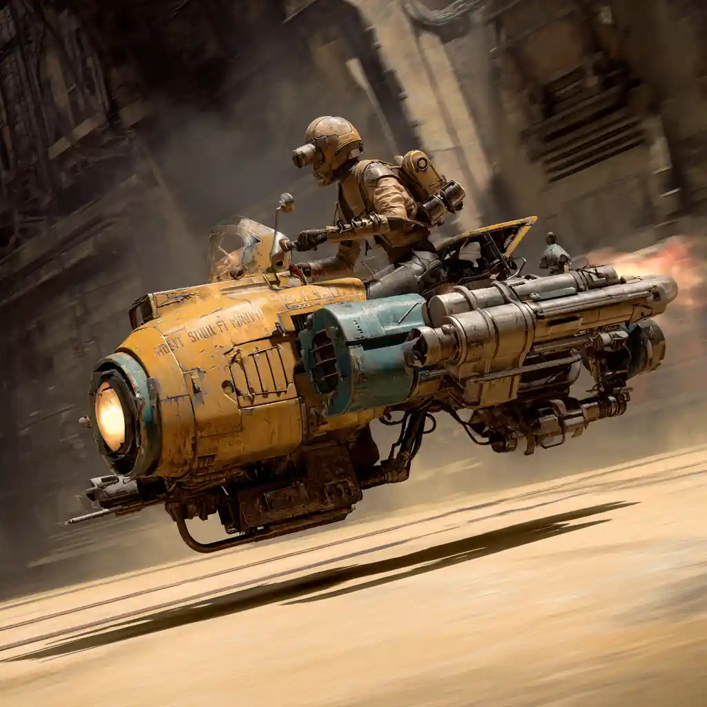 Futuristic cargo hover speeder racing through sci fi city streets