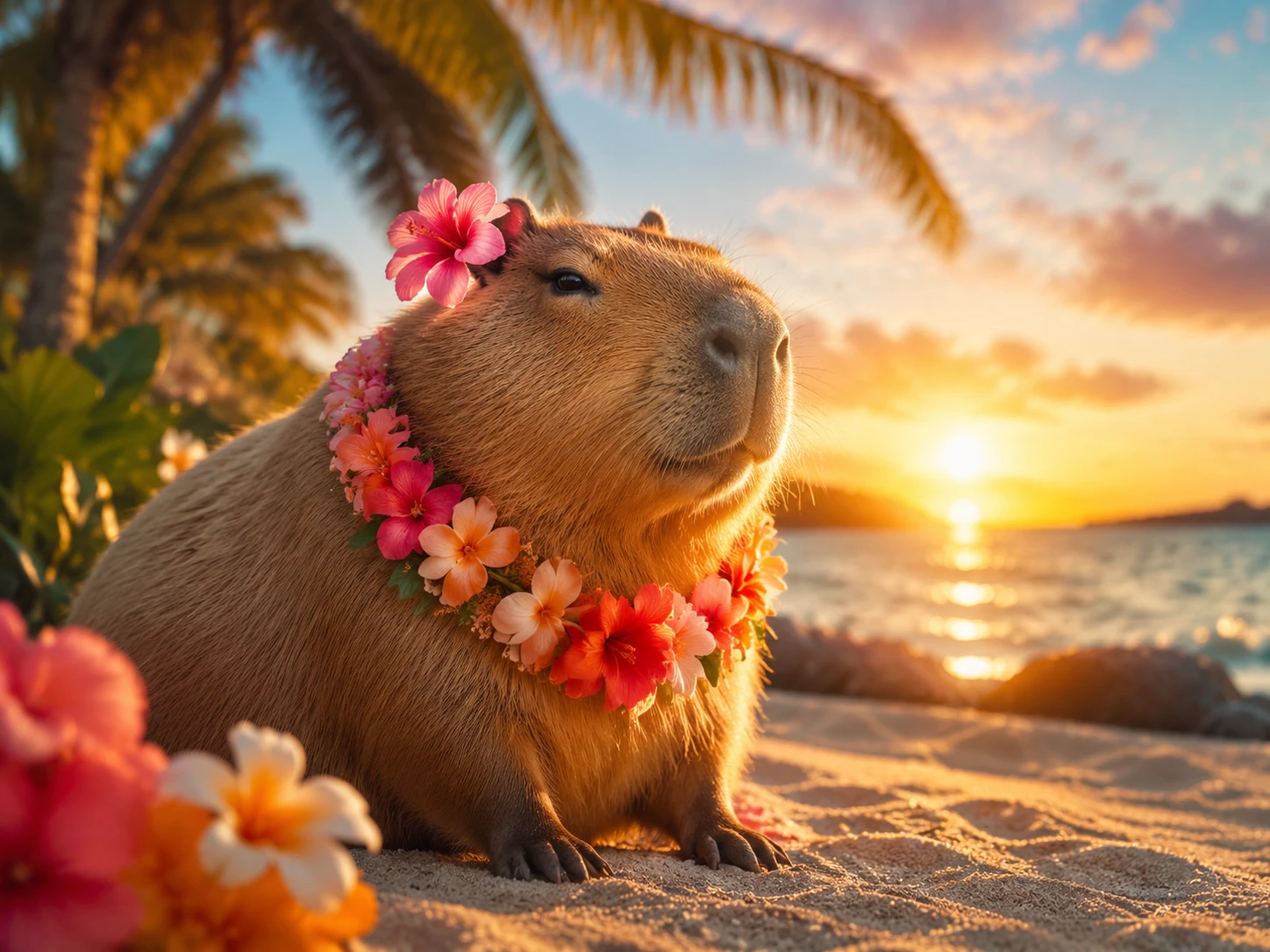 Cute capybara relaxing on a tropical beach with flowers