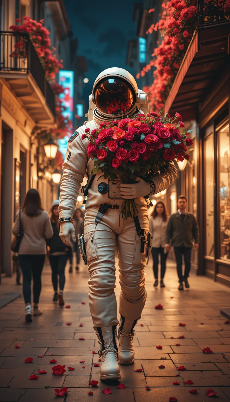 Astronaut Walking Through Warm Night City With Red Flowers