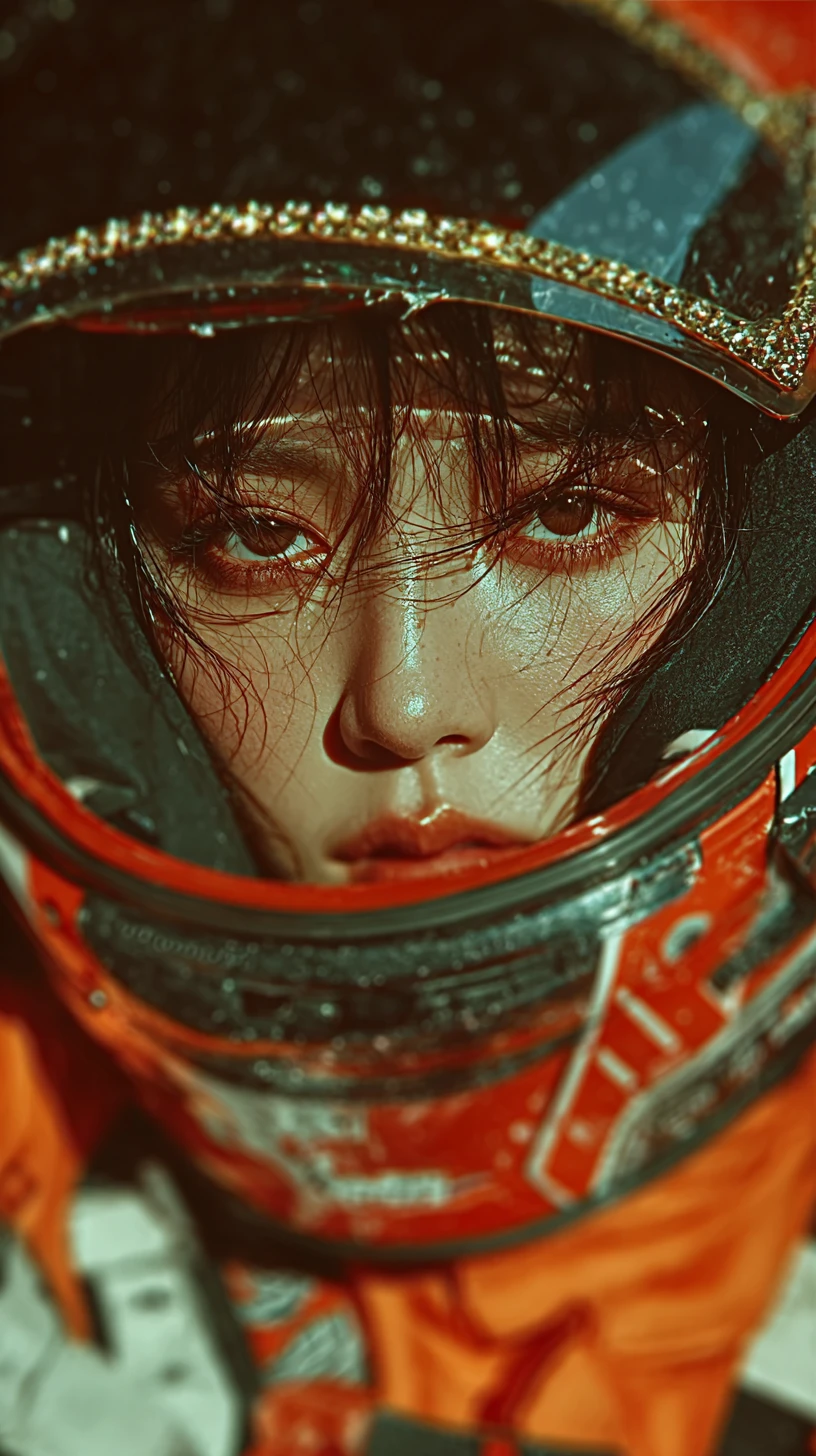 Retrato de mujer coreana concentrada en auto de drift naranja