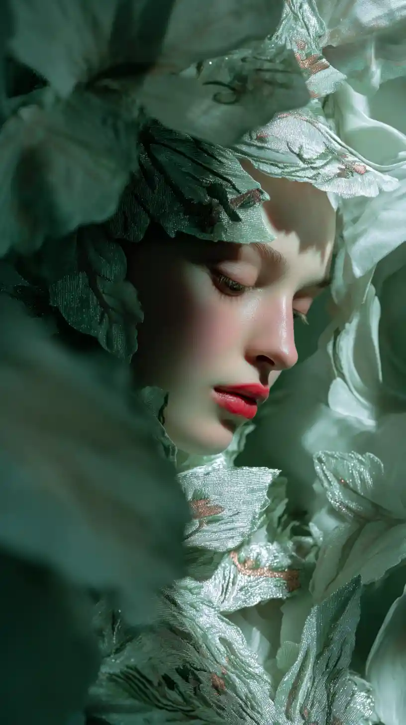 Surreal fashion woman emerging from sculptural white floral forms