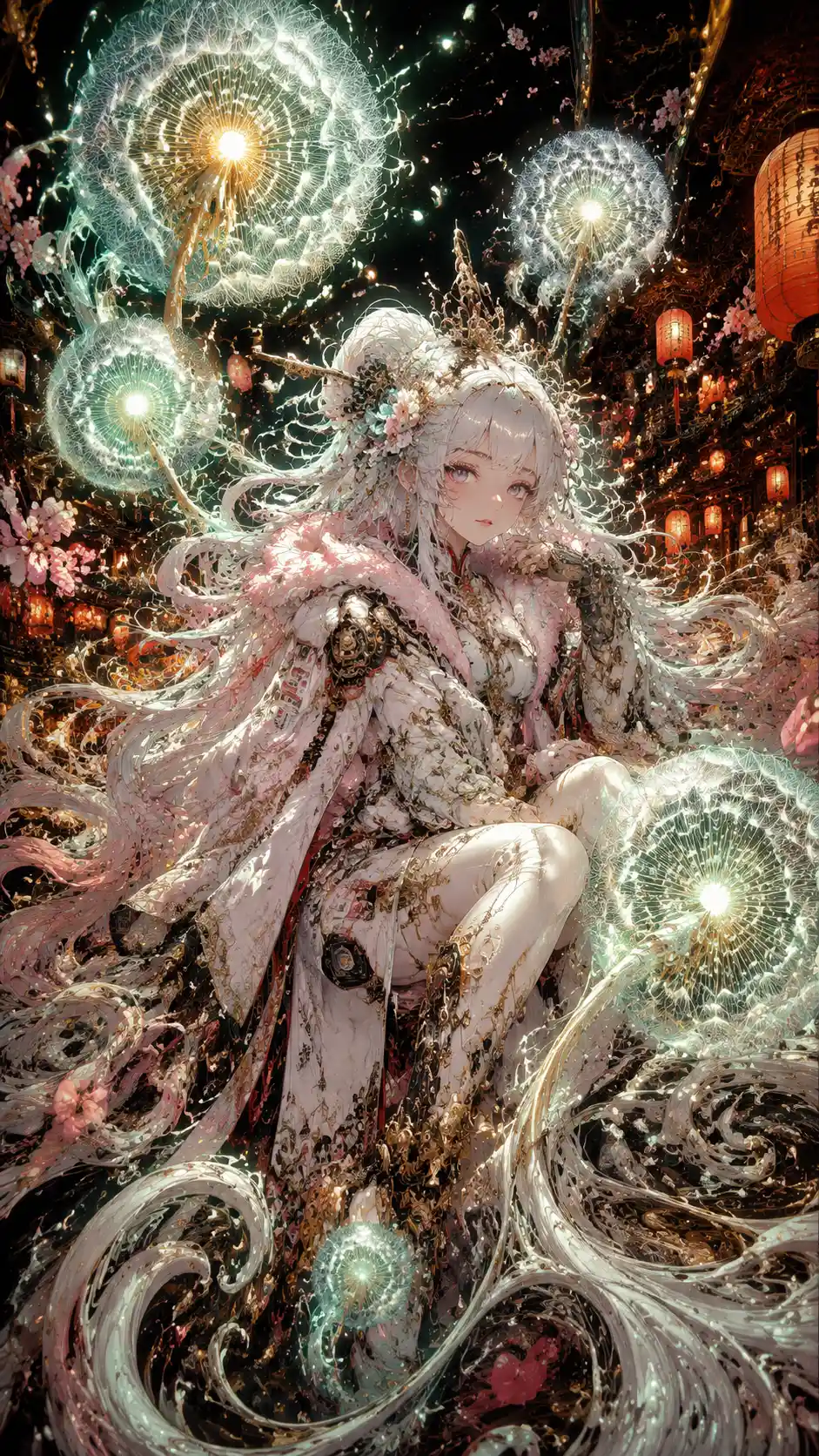 Anime girl amid glowing dandelions at a night festival