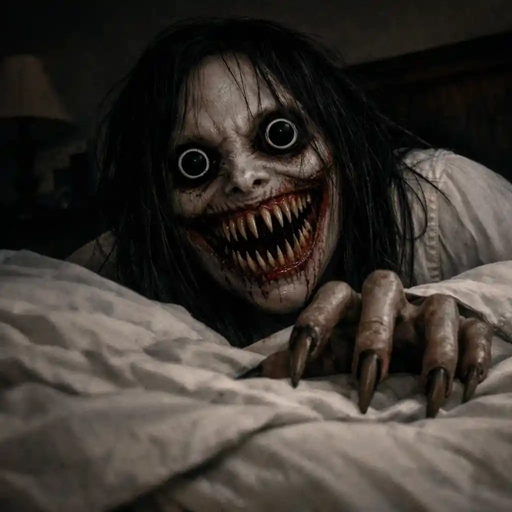 Terrifying monster emerging from bed in dark bedroom