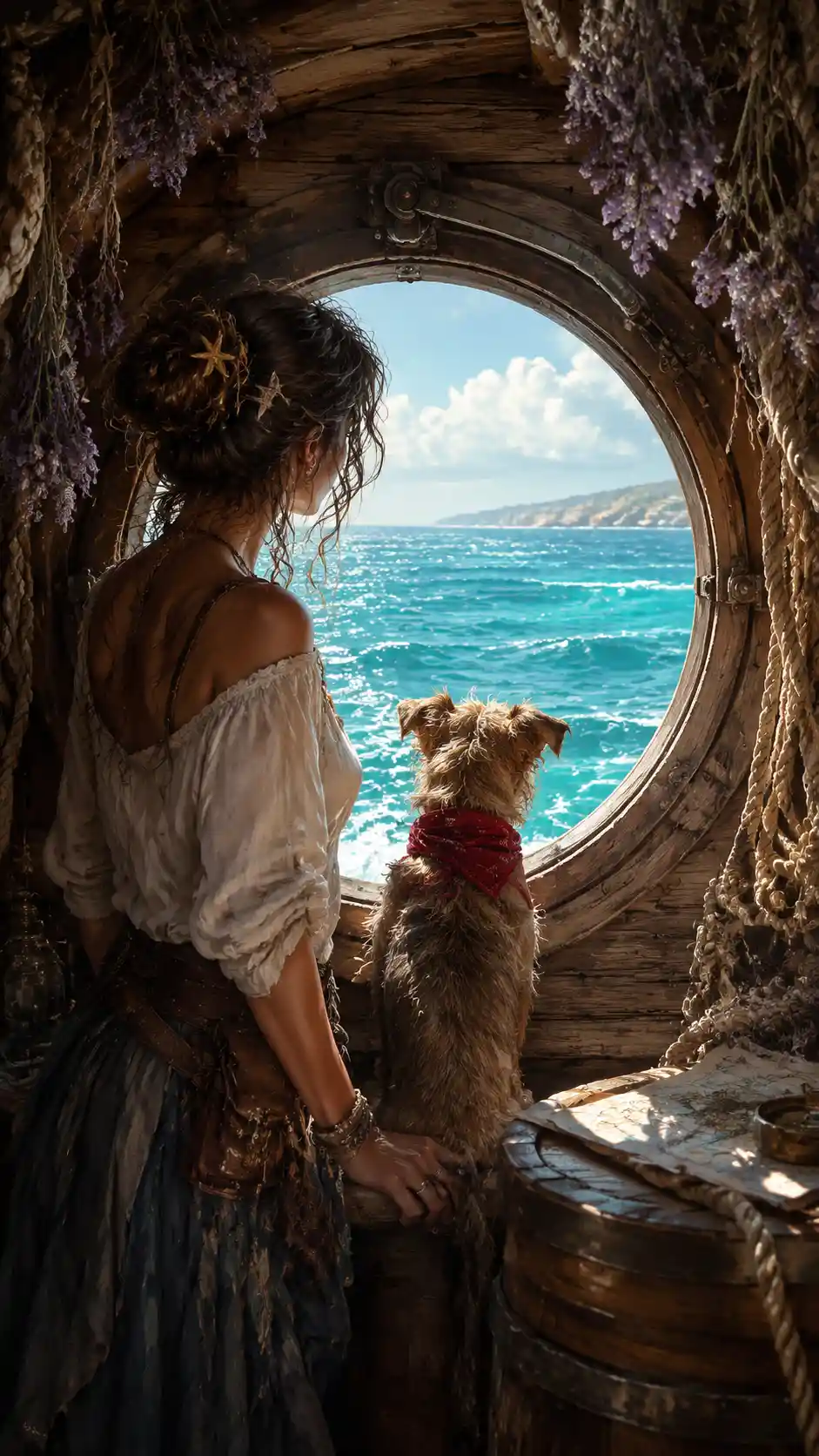 Woman and dog at ship porthole overlooking turquoise sea