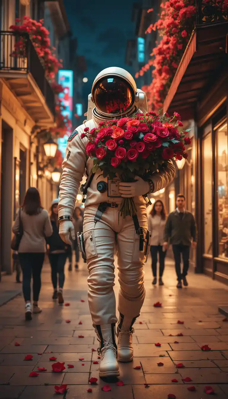 Astronaut Walking Through Warm Night City With Red Flowers