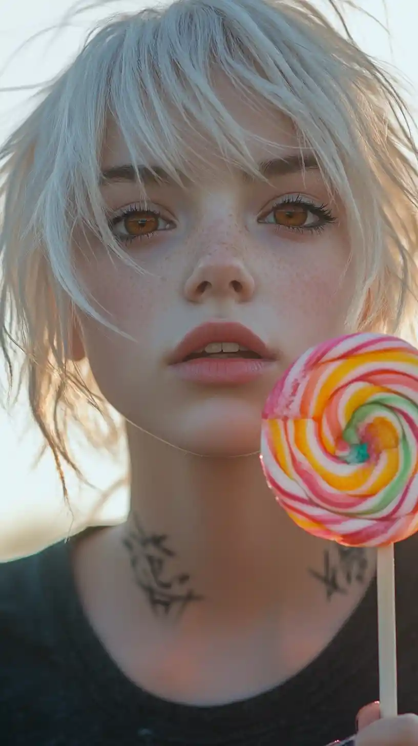 Emo girl close up with lollipop and soft warm light