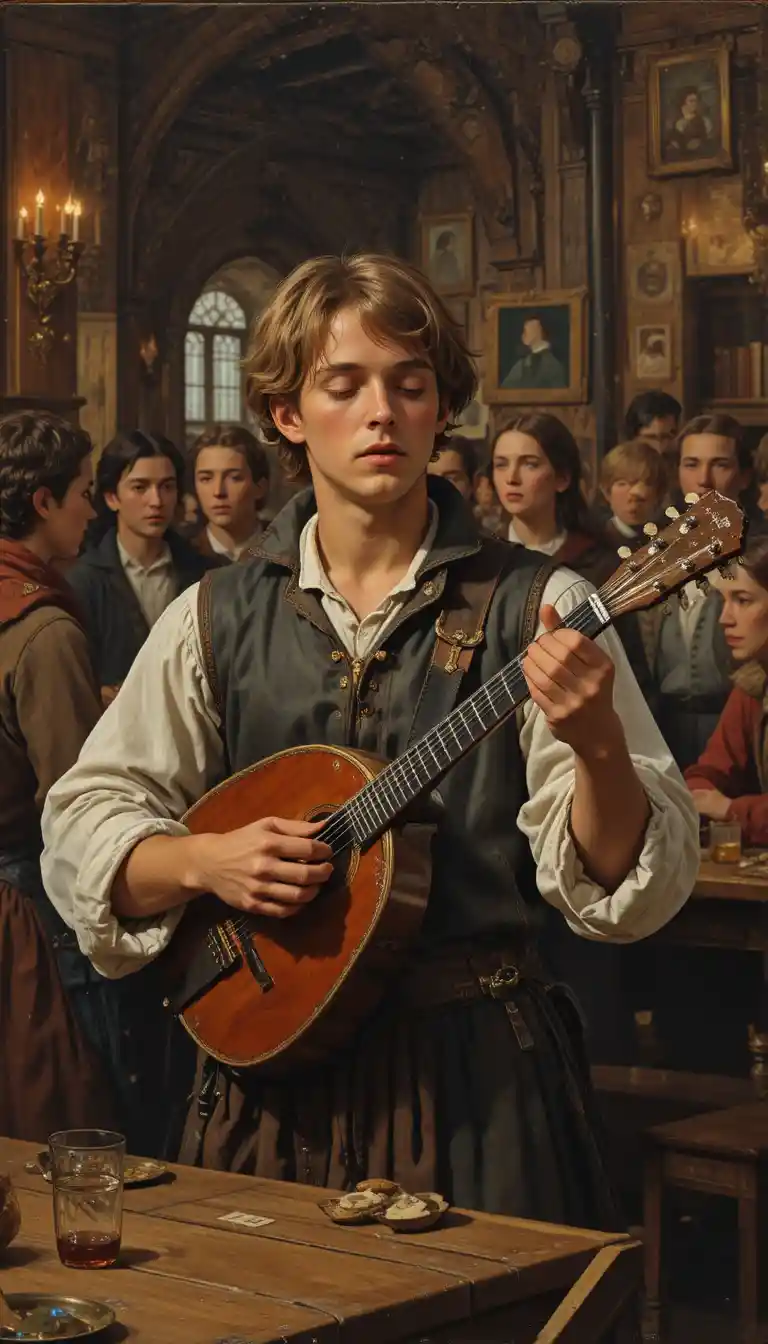 Young medieval bard playing mandolin in a busy tavern