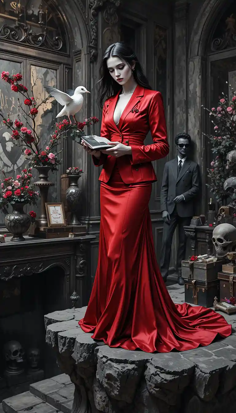 Demonic figure in red suit browsing a luxury boutique