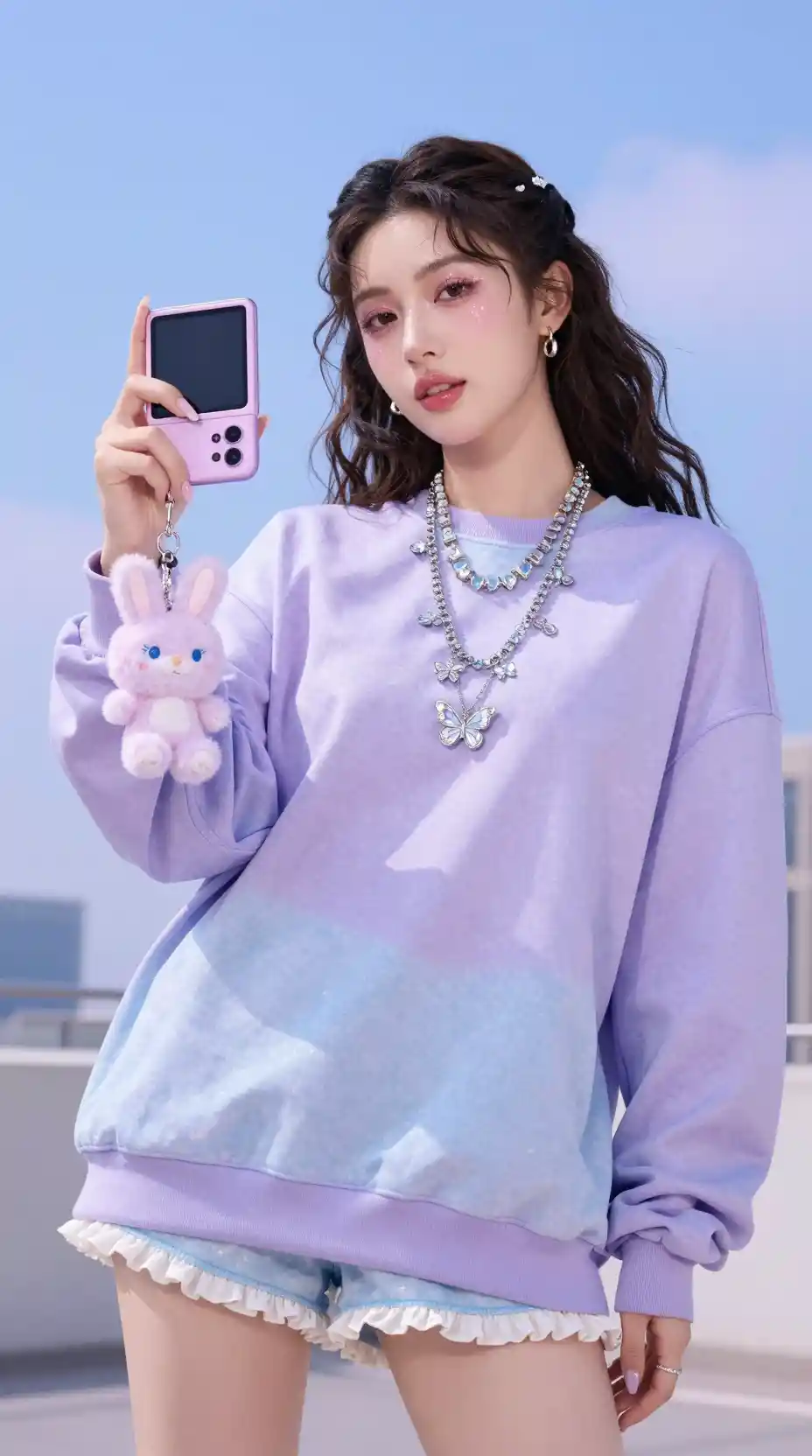 Pastel cyber streetwear girl posing with pink phone
