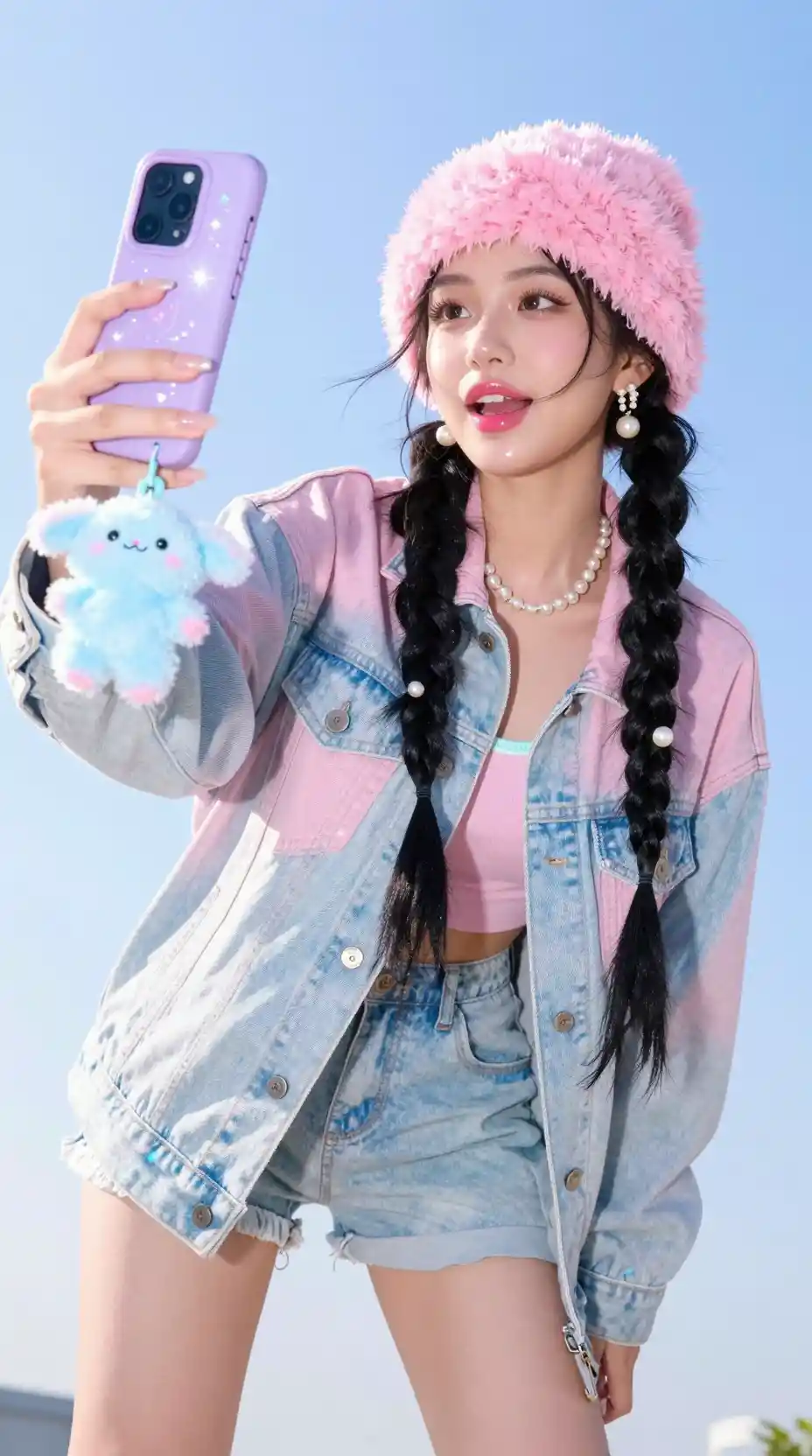 Pastel Y2K selfie of stylish woman with braids