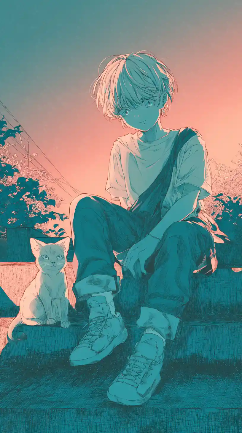 Fille d’anime et chat par une paisible nuit d’été