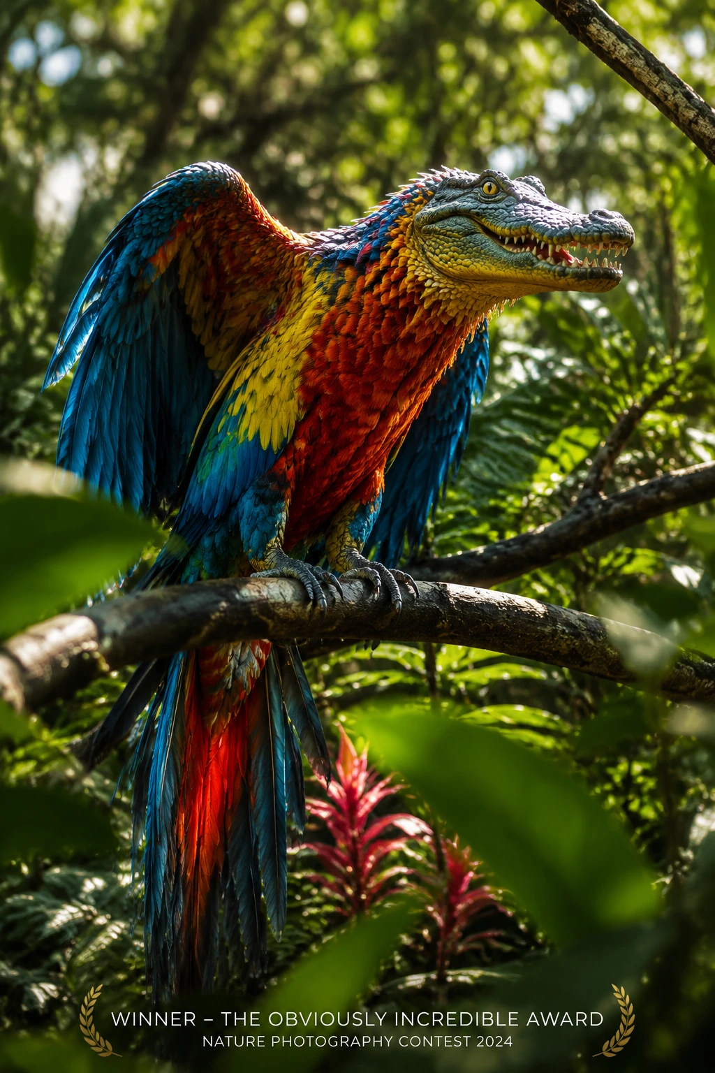 Hybrid crocodile parrot on a branch in tropical forest