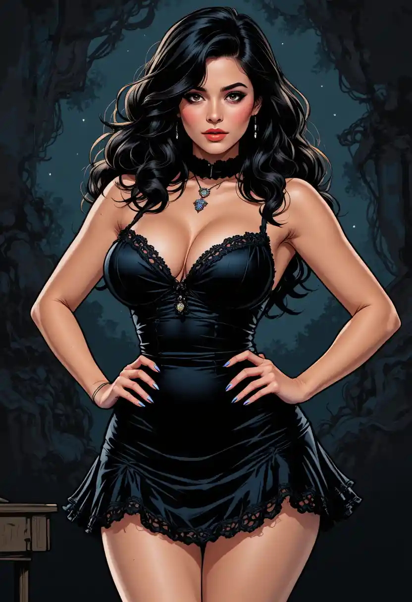 Dark comic close up of a woman in frilly nightie