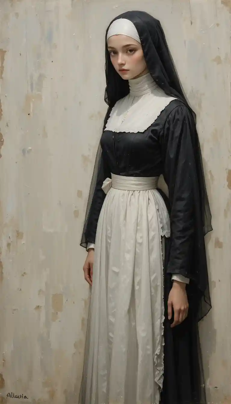 Tall young nun in a black and white French maid dress