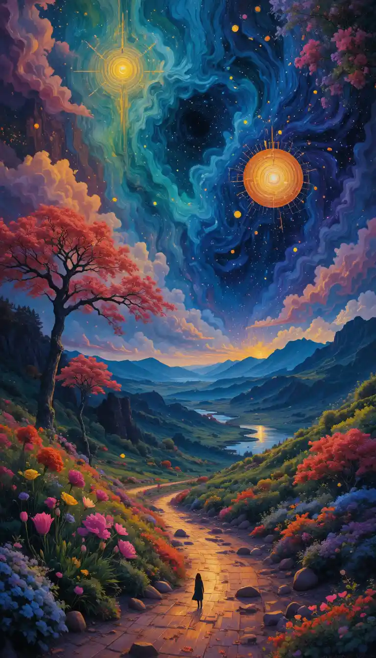 Surreal dreamlike landscape in luminous watercolor style