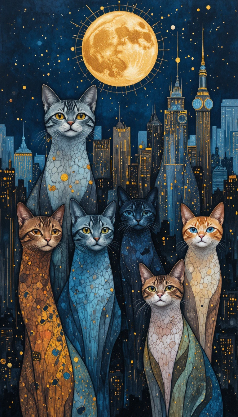 Colorful cats against a stylized city skyline at night